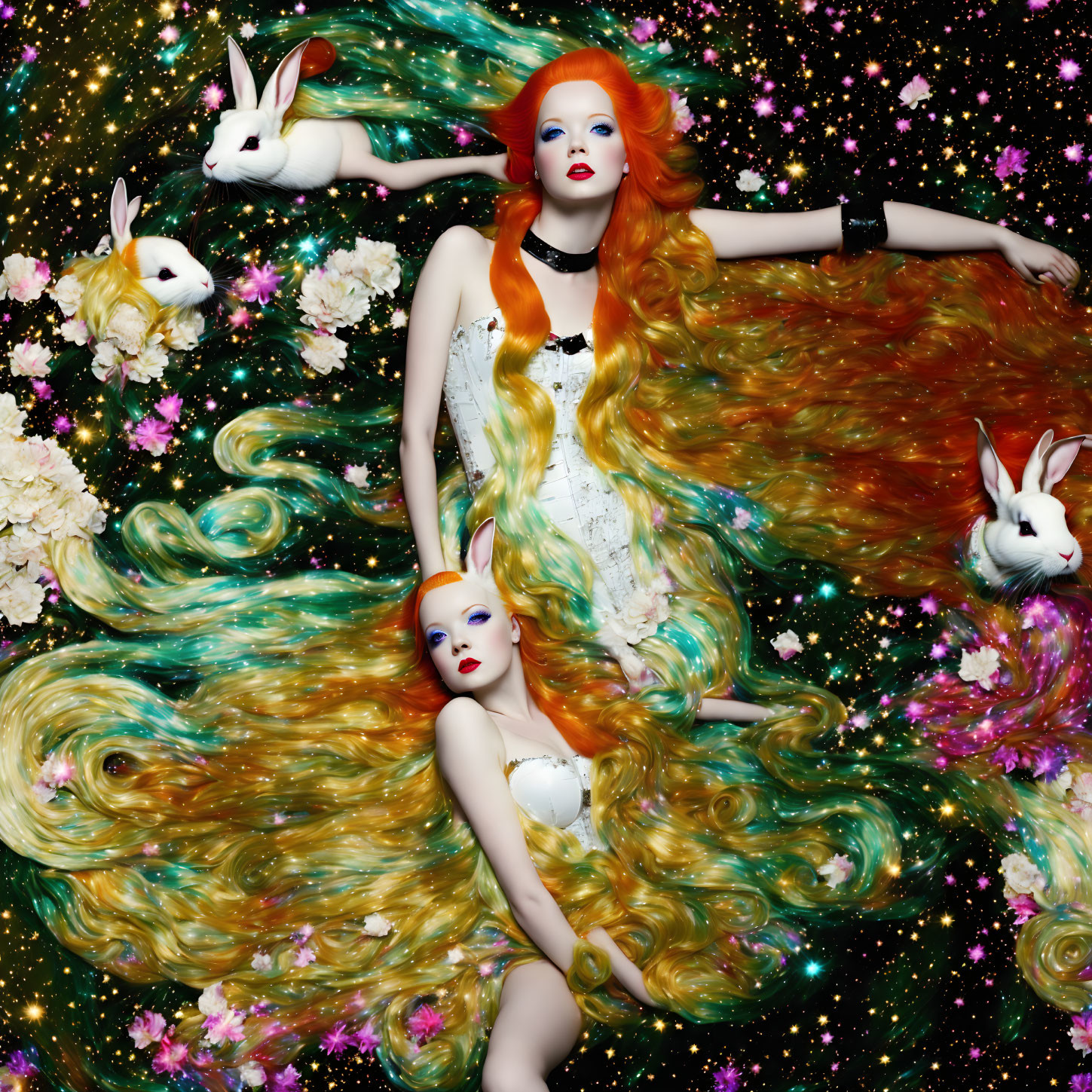 Fantasy image of two women with red hair, white rabbits, floral, and cosmic backgrounds