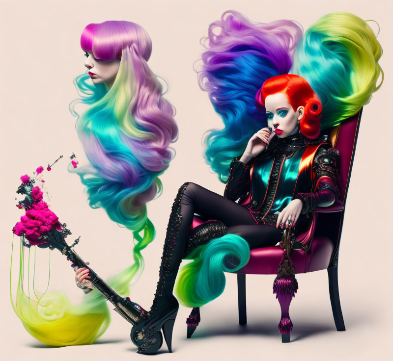 Stylized women with colorful hairstyles and guitar adorned with flowers