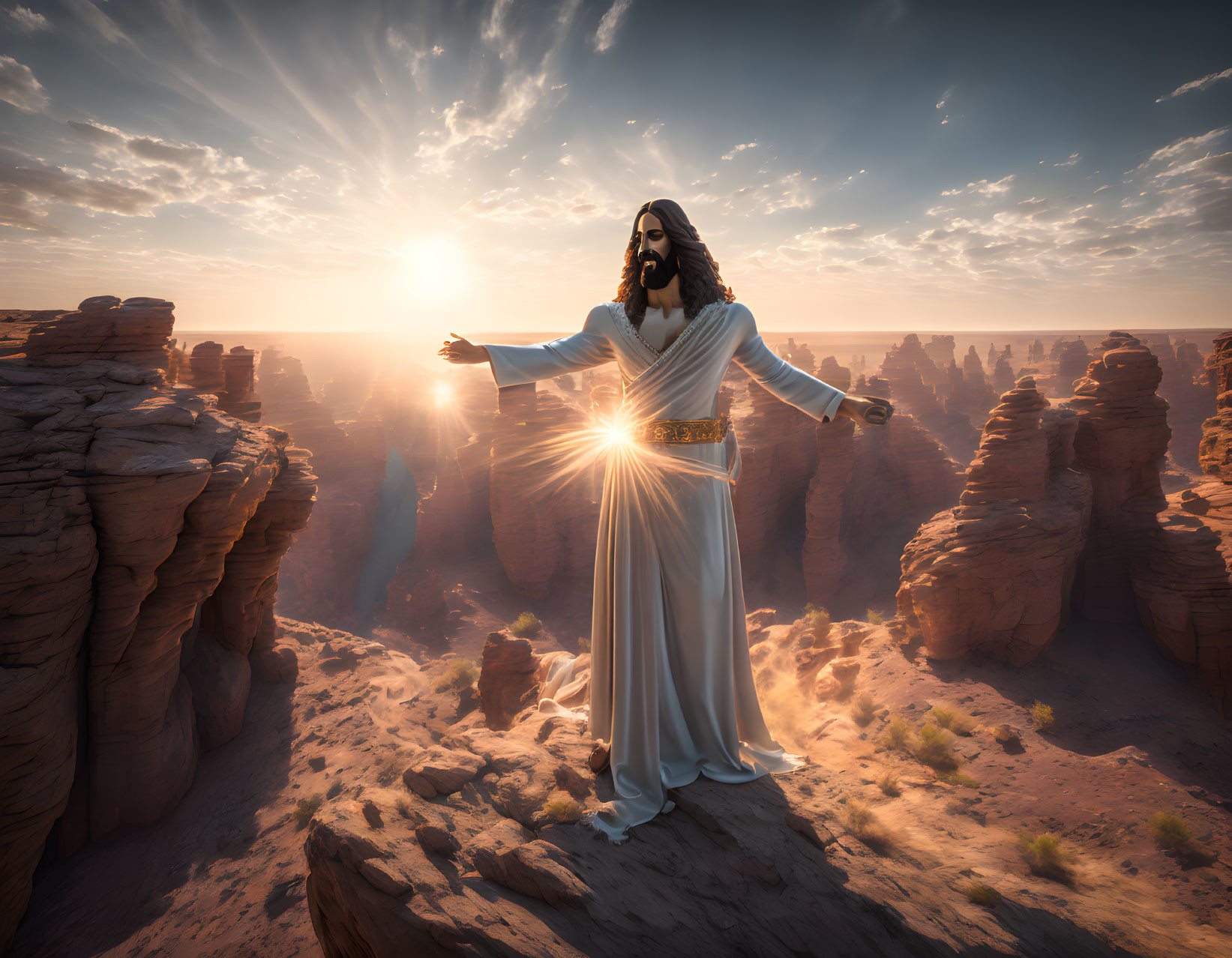 Robed Figure in Desert Canyon Embracing Sunlight