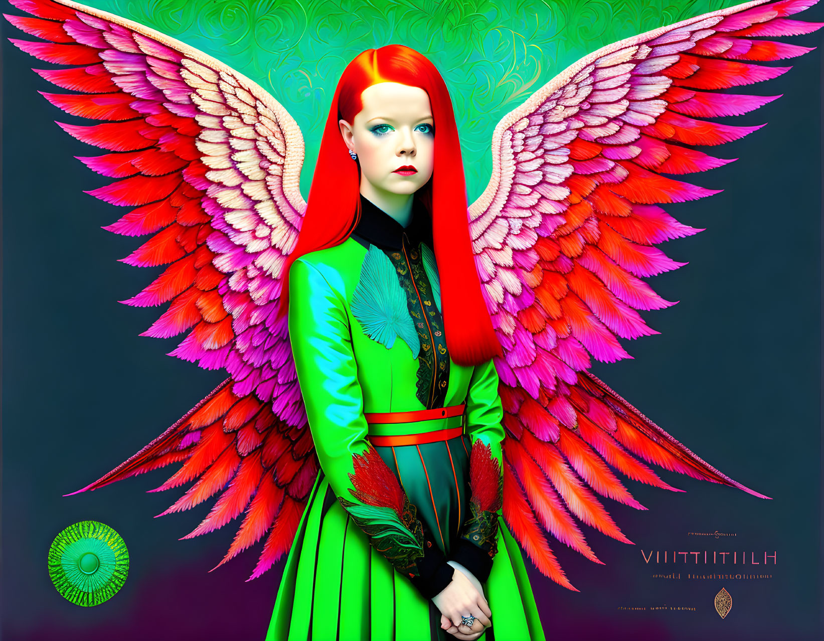 Colorful Artwork: Woman with Red Hair and Colorful Wings on Teal Background