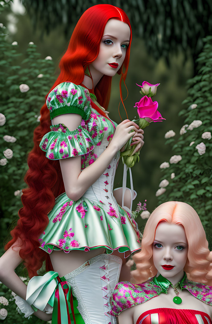 Stylized women with vibrant red hair in ornate dresses among flourishing garden