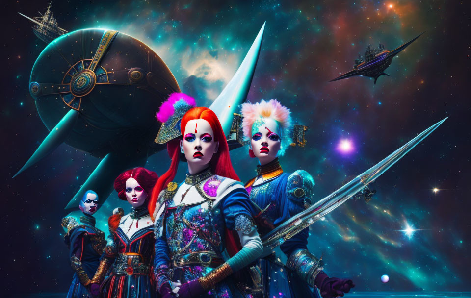 Futuristic female characters with vibrant hair and armor in space setting