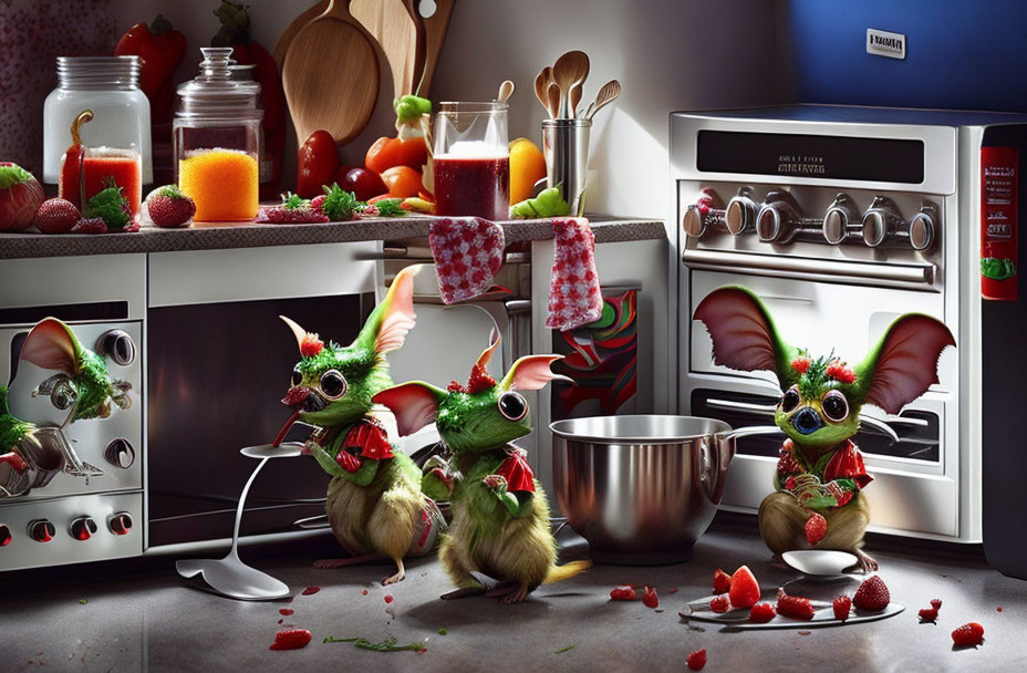 Fantastical dragon creatures in modern kitchen scene