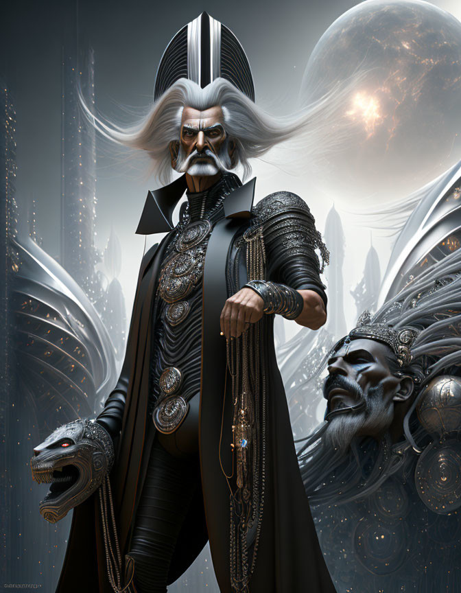 Fictional character with white hair and beard in ornate black clothing with cane in front of sci