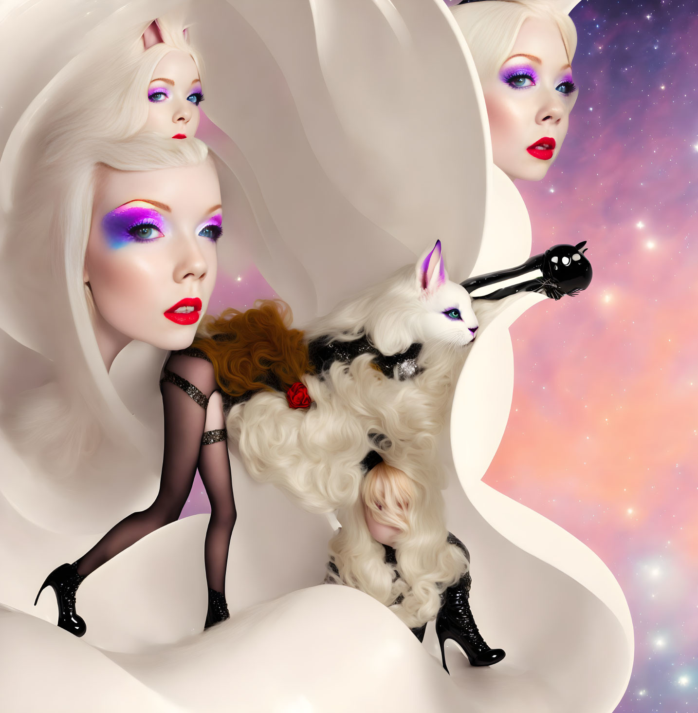 Surreal Artwork: Stylized Women with Pale Hair and White Creature in Cosmic Setting