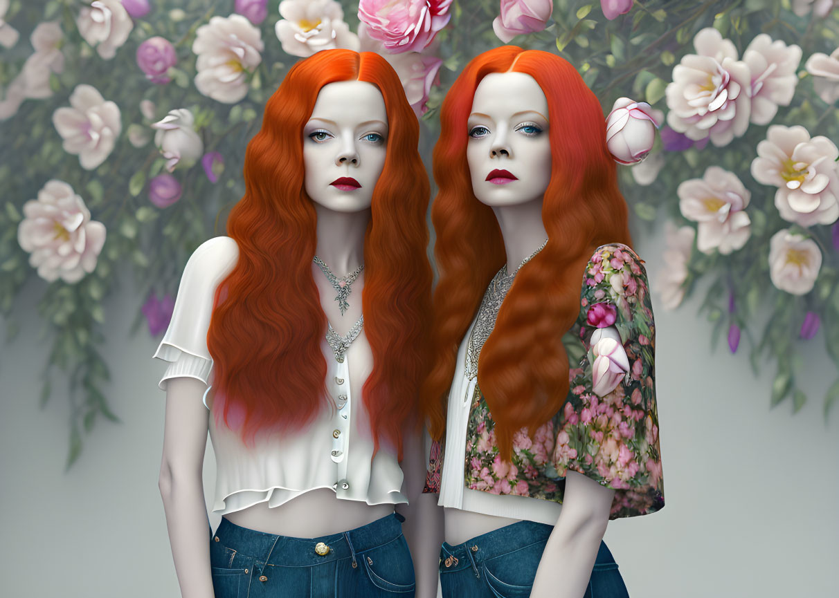 Identical women with long red hair in white and floral outfits on floral backdrop