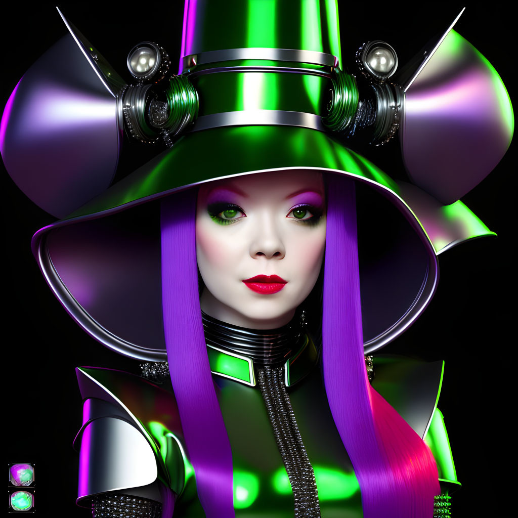 Futuristic female figure in green and purple metallic armor with bold red lips