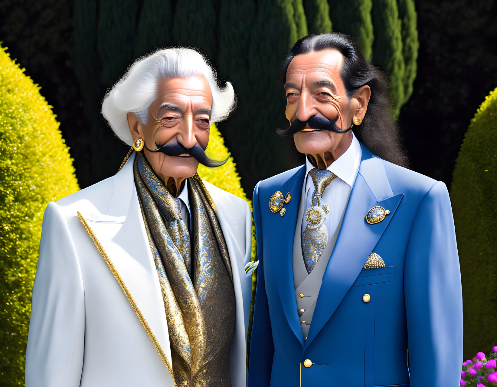 Elderly gentlemen in vibrant blue suits with exaggerated facial features standing in garden setting