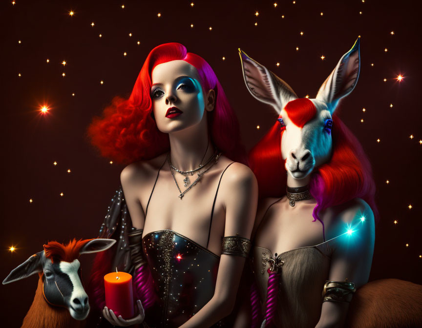 Vibrant red hair woman and surreal goat in stylized portrait