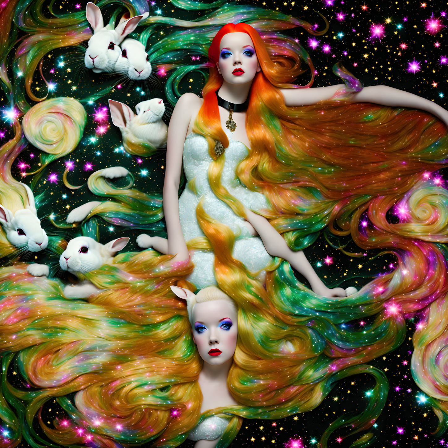Vibrant flowing hair in surreal cosmic setting