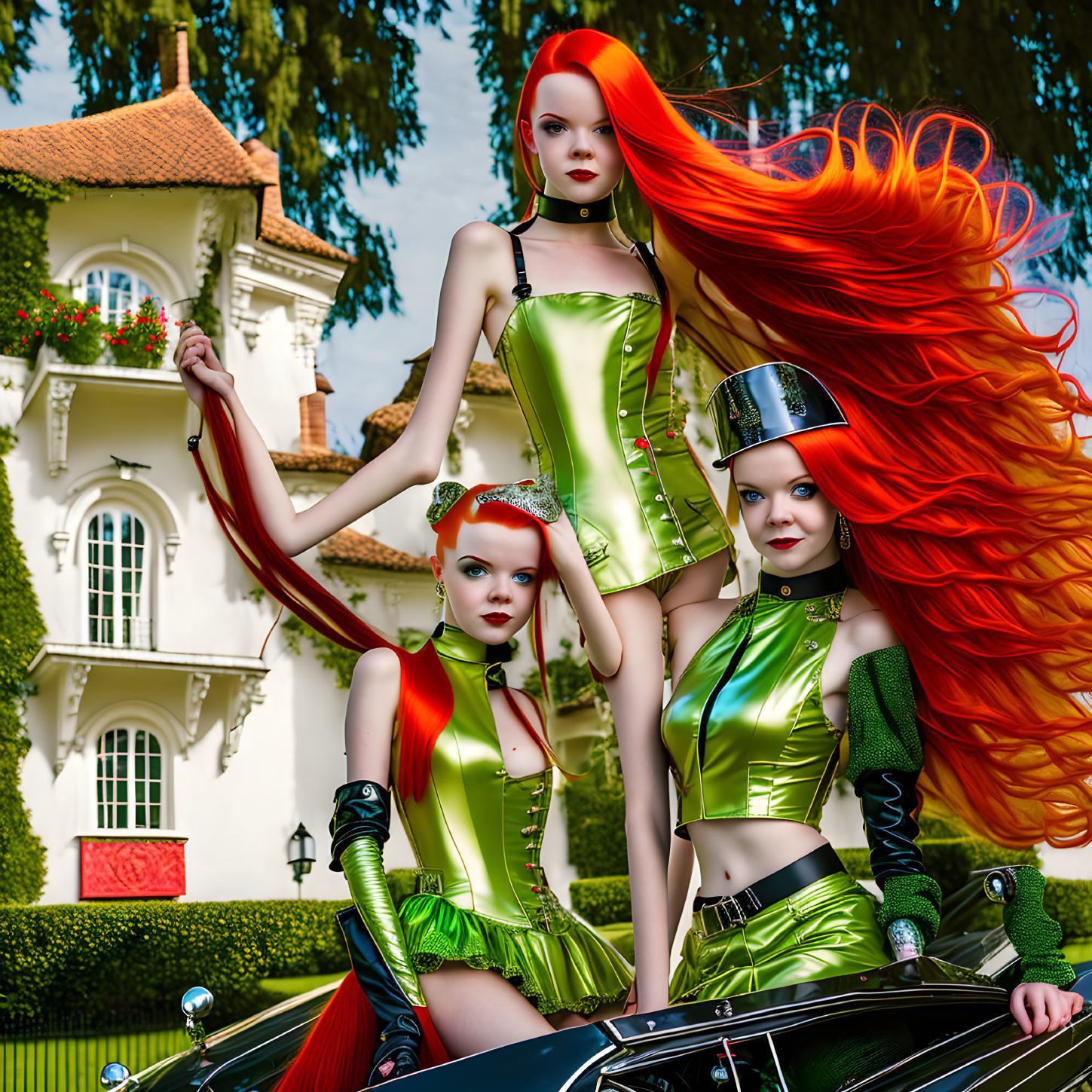 Three women with vibrant red hair in futuristic green outfits pose confidently in front of a classic car and elegant