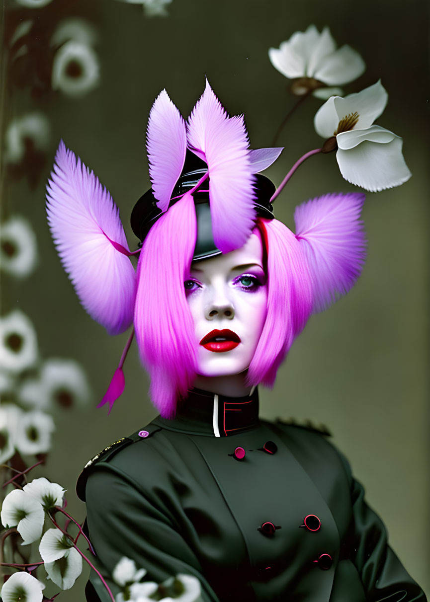 Vibrant pink hair and feathers against white flower background