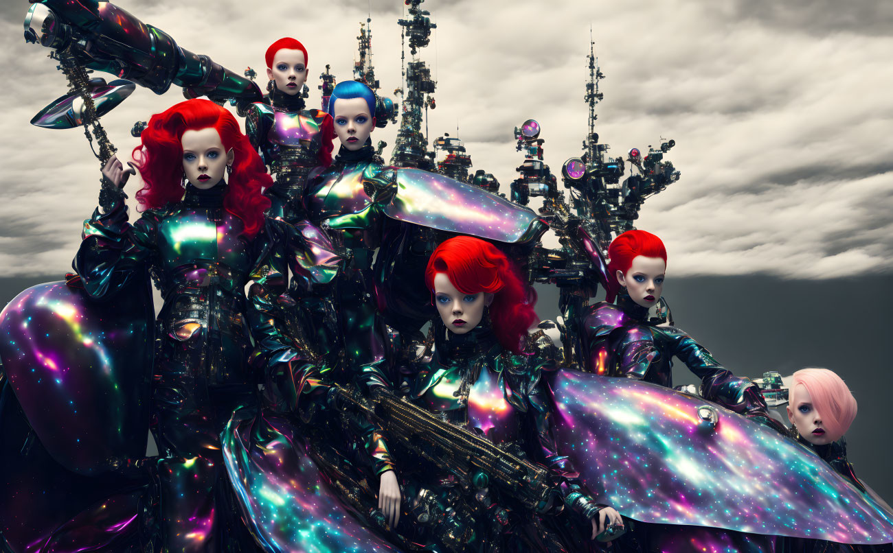 Shiny iridescent figures with red hair in futuristic setting