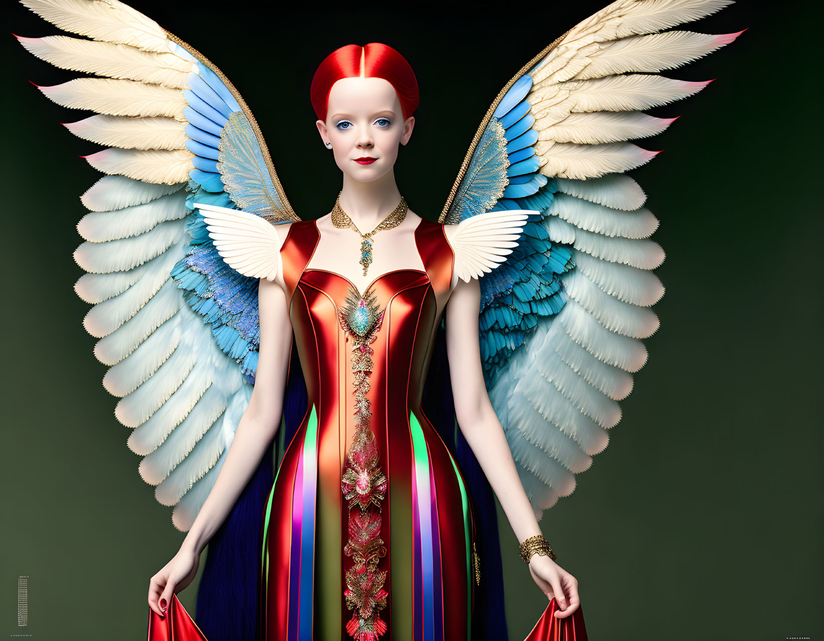 Digital artwork: Woman with bird-like wings, rainbow dress, red headpiece, gold jewelry