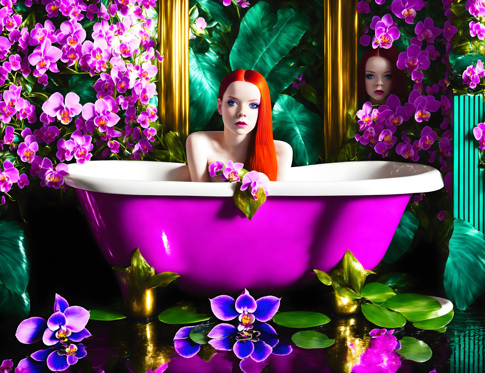 Red-haired woman in pink bathtub with greenery and orchids reflection.