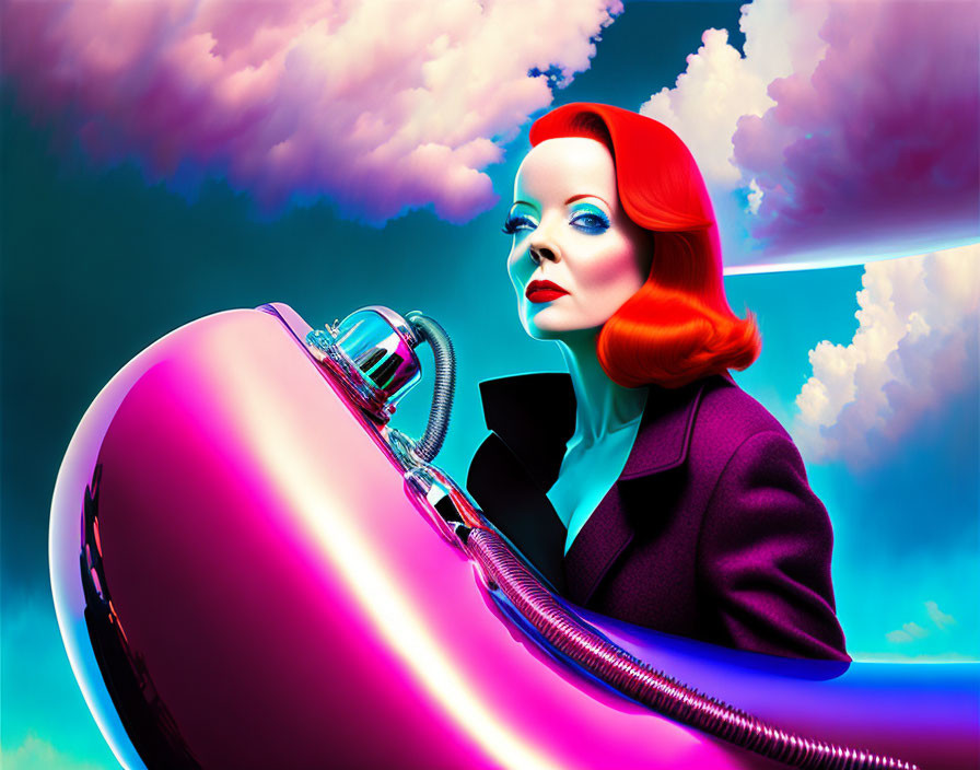 Vibrant digital illustration: Woman with red hair, blue suit, holding futuristic device under surreal sky