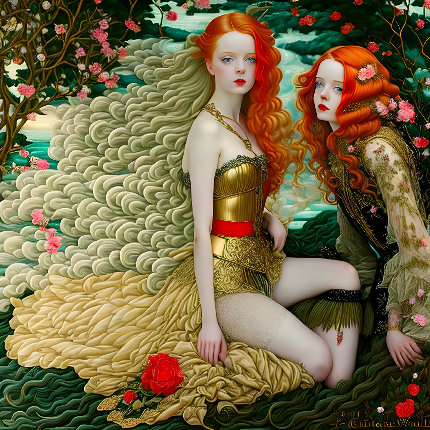 Two red-haired women in fantasy-style dresses among stylized waves and flowers.