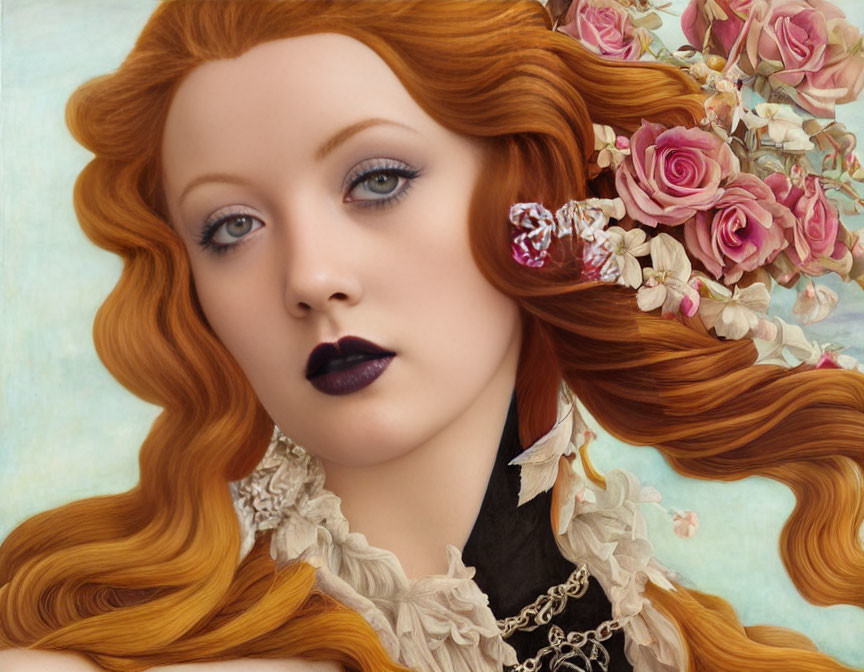 Digital painting of woman with red hair, pink roses, skull hairpin, blue eyes, dark lipstick
