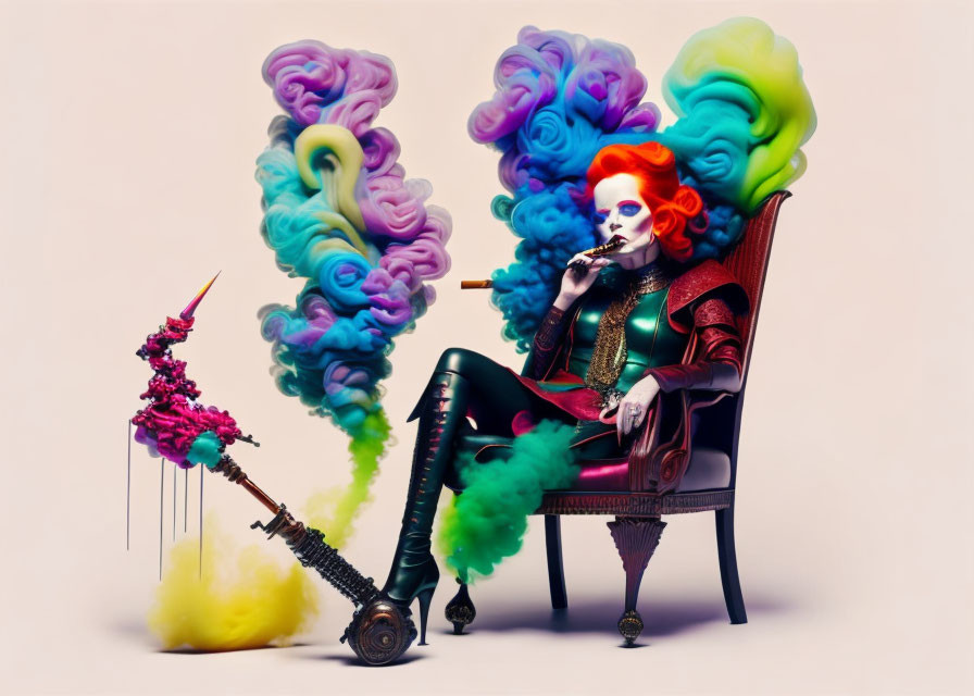 Colorful whimsical image: person with clown makeup, chair, vibrant smoke plumes, syringe