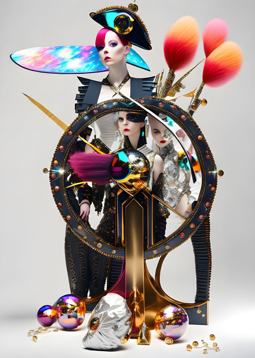 Vibrant surreal art: two women in avant-garde attire, bold shapes, vibrant colors.