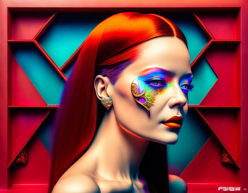 Vibrant Digital Artwork: Woman with Red Hair and Blue Skin