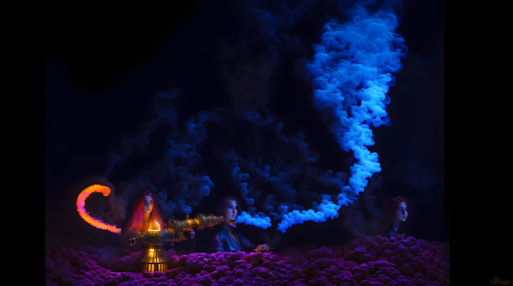 Dark figures with swirling blue and orange smoke over purple spheres
