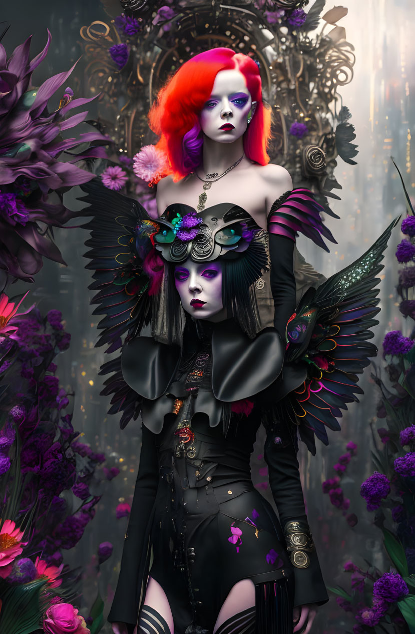 Two gothic women with avant-garde makeup and dark attire in a floral setting.