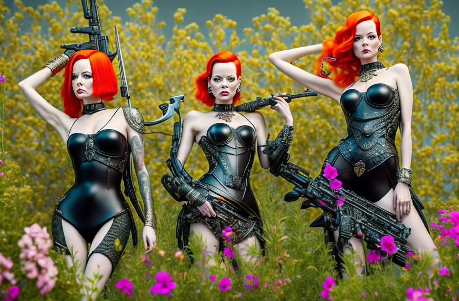 Futuristic women with red hair and guns in flower field under cloudy sky