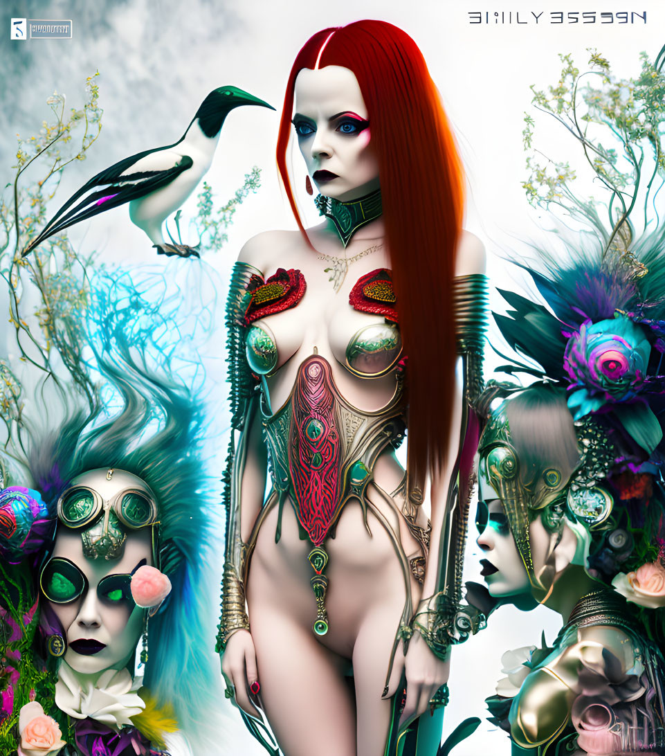 Fantastical digital artwork of three female figures with body paint and botanical headpieces, accompanied by an