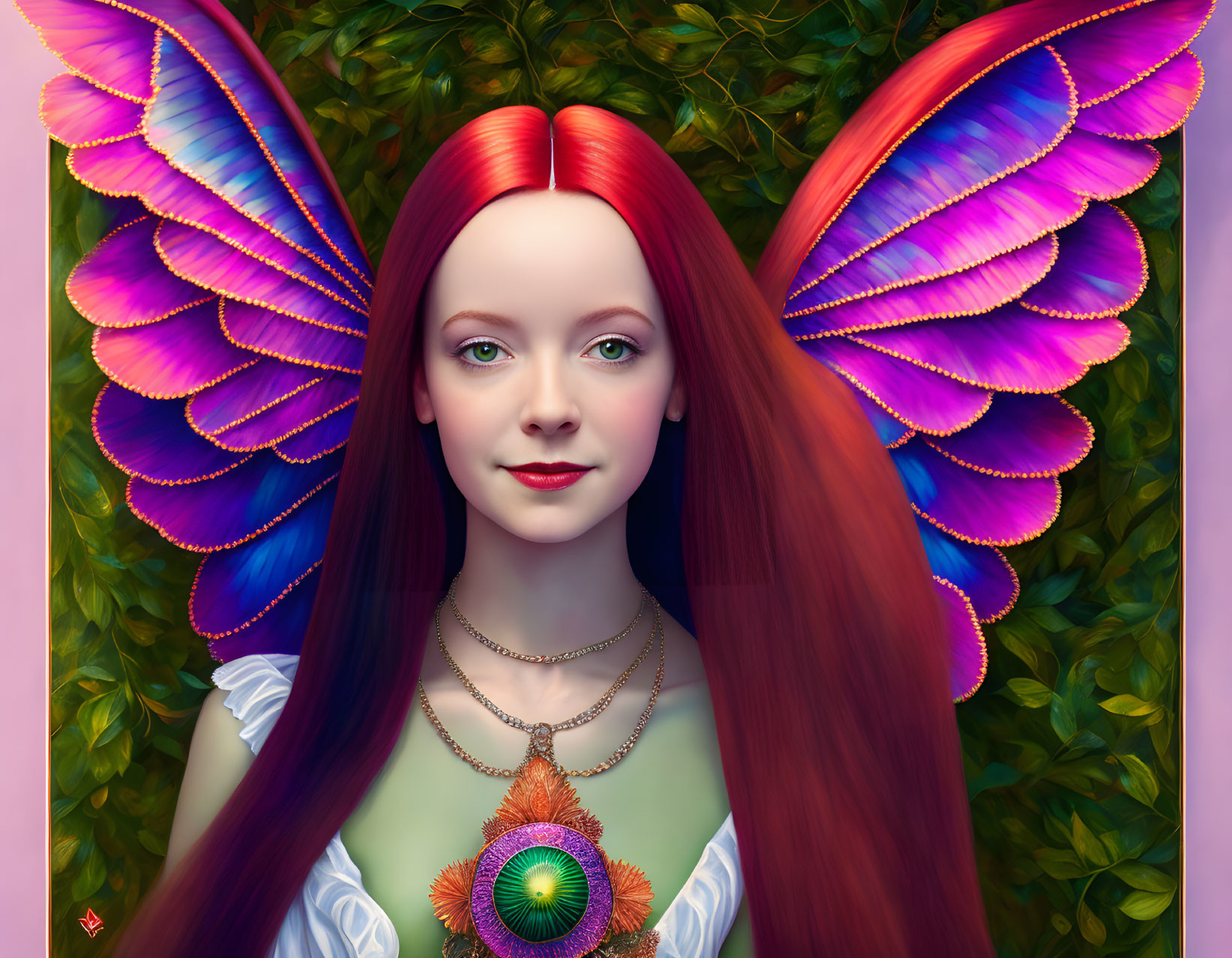 Vibrant red-haired woman with butterfly wings on green background