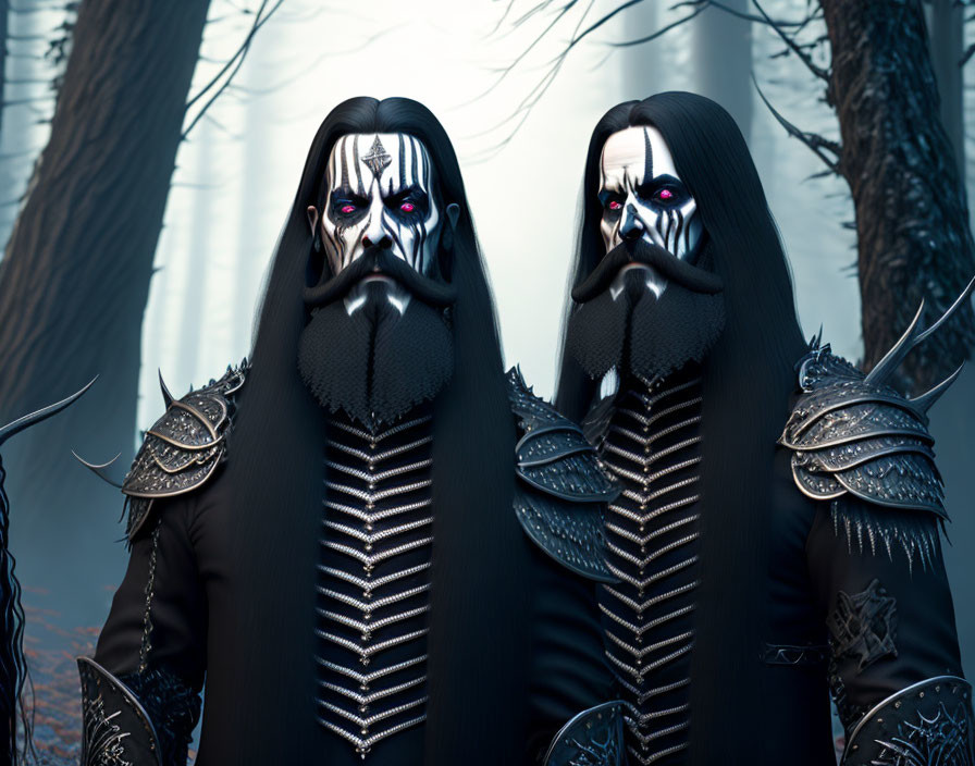 Two Gothic individuals in skull makeup in dark armor in misty forest.