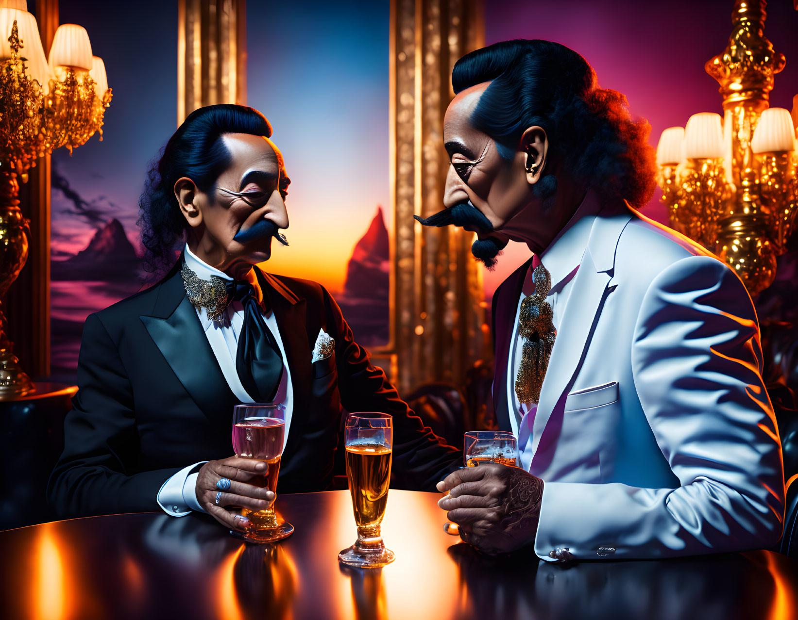Luxurious bar scene: stylish men with extravagant moustaches sipping beer