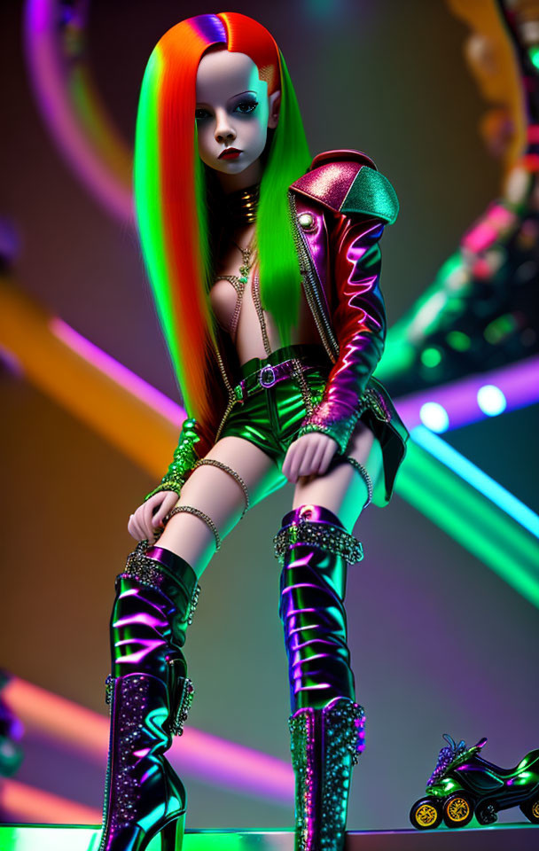 Stylized doll with rainbow hair in green and black outfit on colorful backdrop