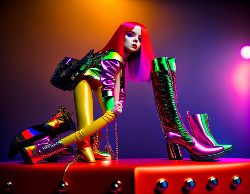 Red-haired mannequin in glossy outfit with oversized shiny boots.