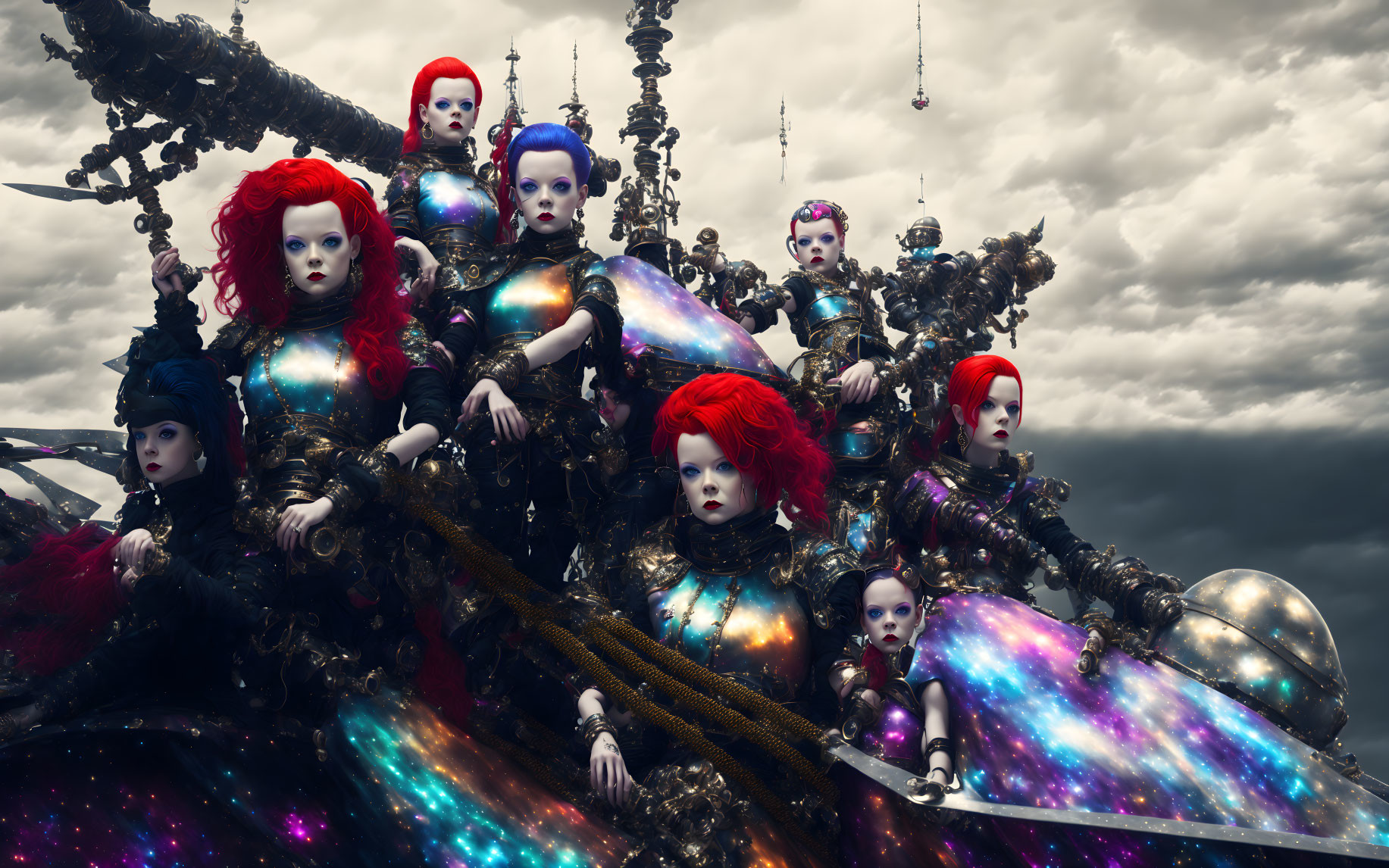Diverse Fantasy Dolls in Cosmic Armor Under Stormy Sky