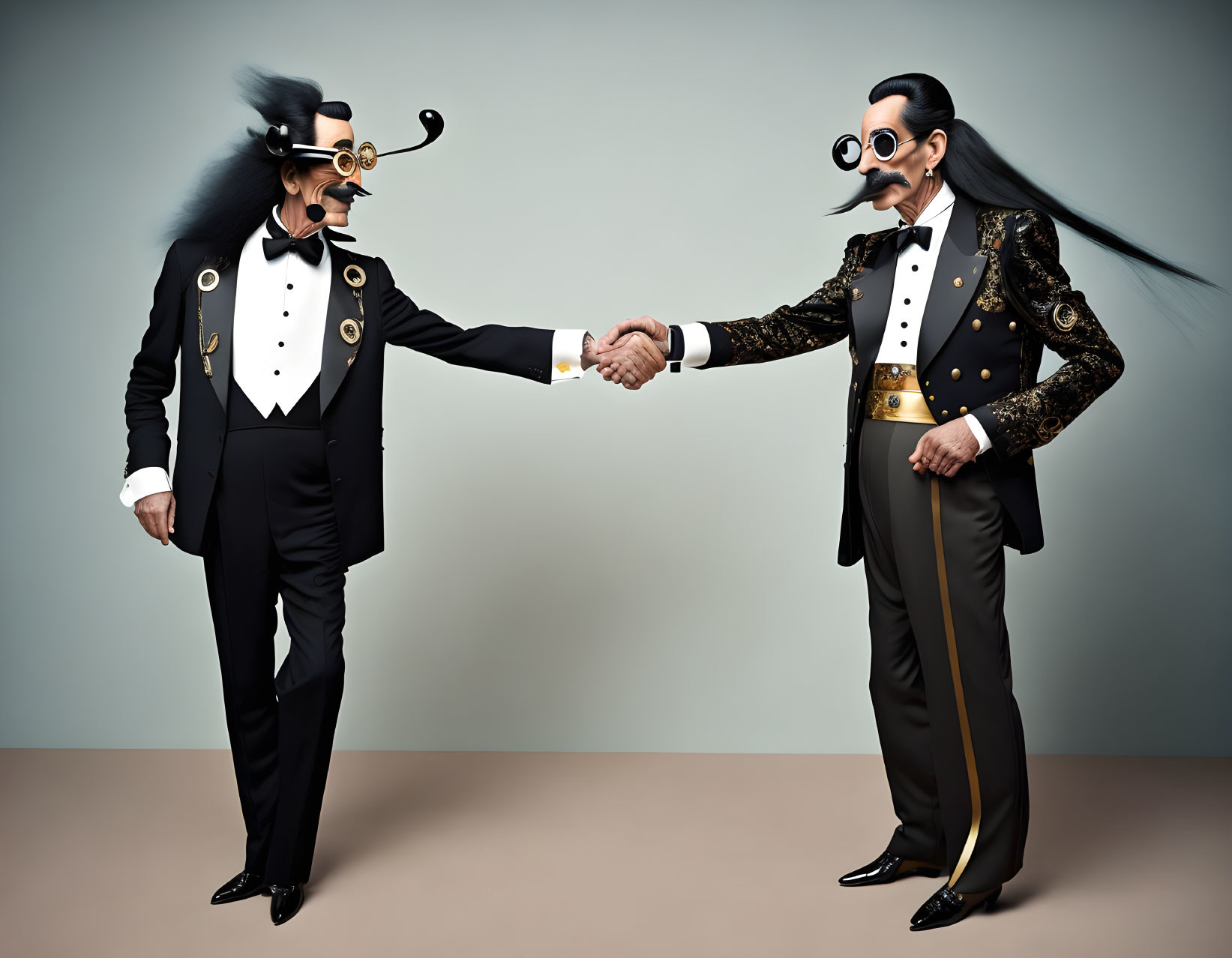 Stylized figures with exaggerated facial features in ornate tuxedos shaking hands