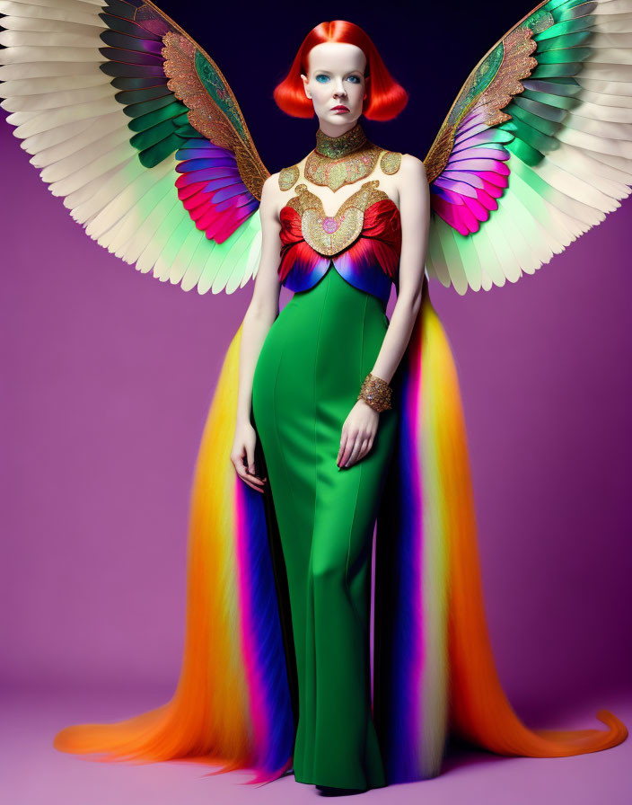 Vibrant green dress with rainbow accents and bird-like wings on purple background
