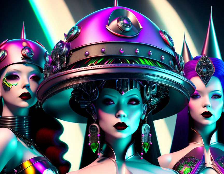Three futuristic females with elaborate headgear and makeup in vibrant colors.