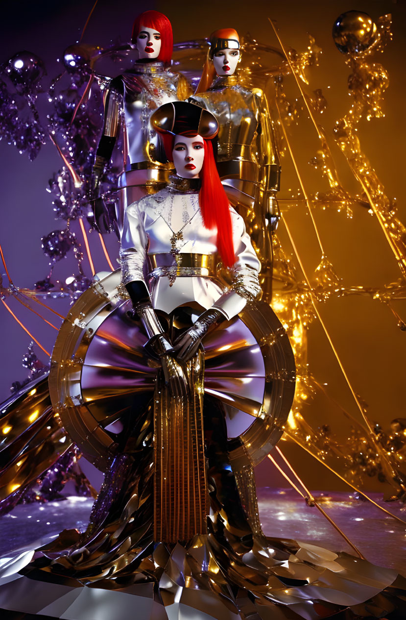 Person with Bright Red Hair in Gold and White Costume Surrounded by Reflective Geometric Shapes on Purple