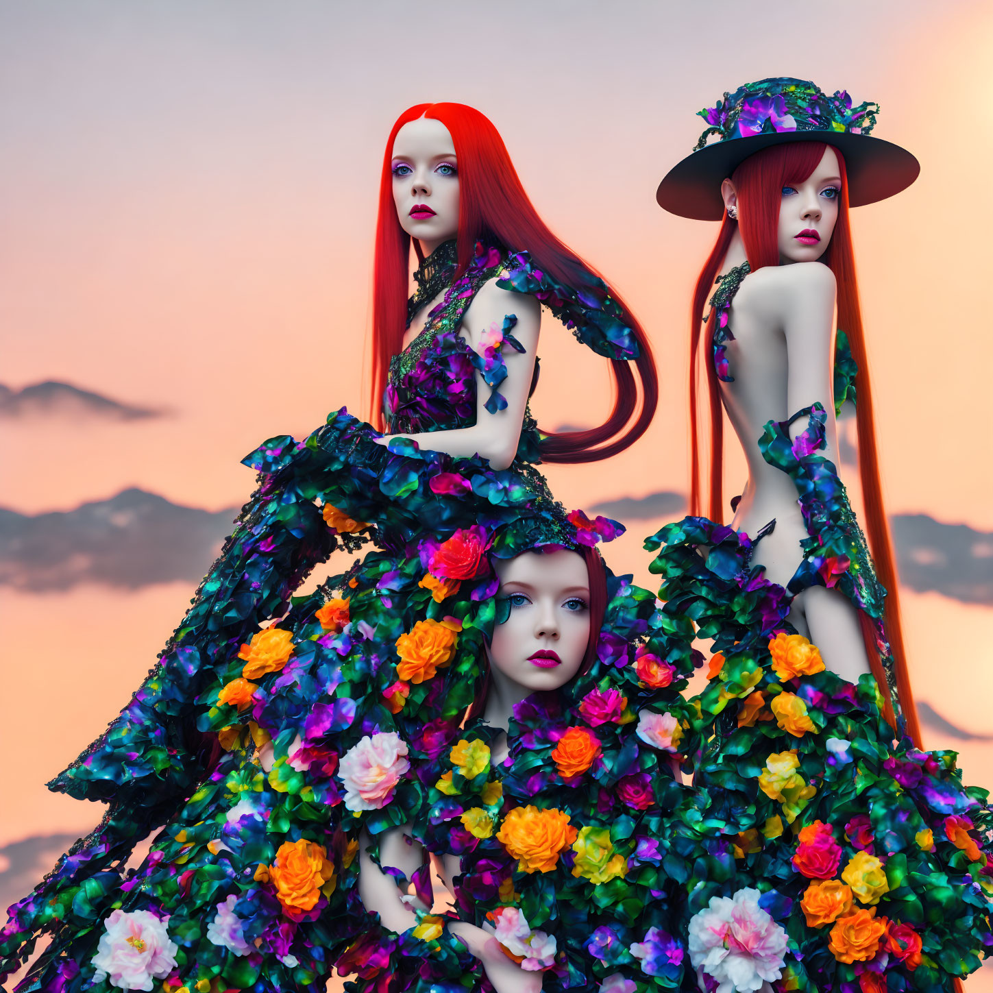 Mannequins in floral dresses under sunset sky with long red hair