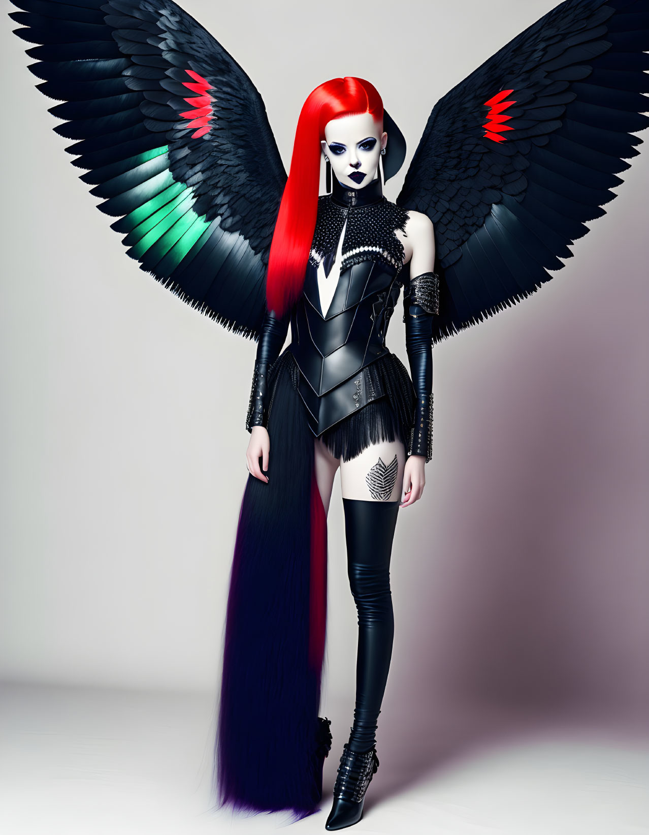 Red-haired person with black wings in gothic attire on light background