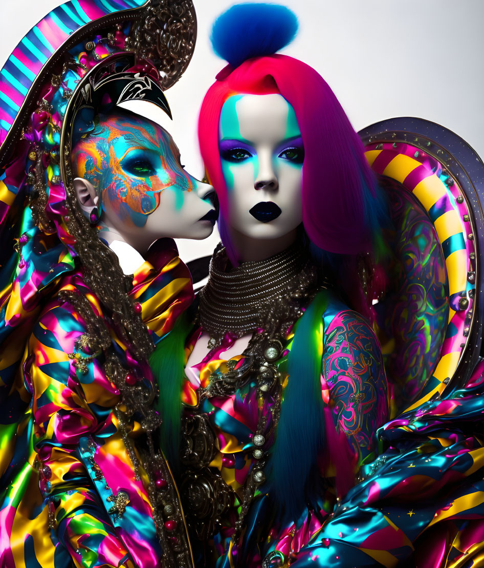 Vibrant body paint on mannequins in avant-garde attire