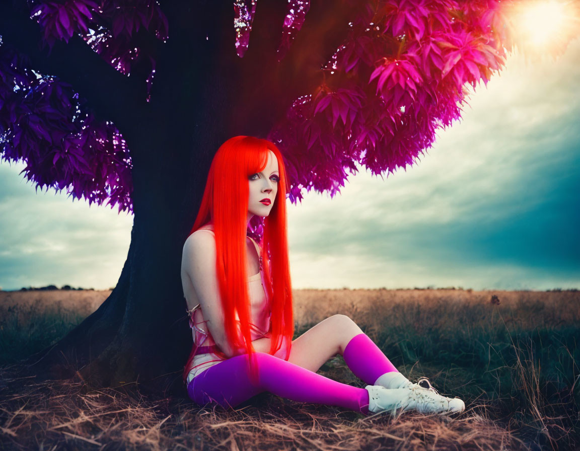 Vibrant red-haired woman under purple tree against twilight sky