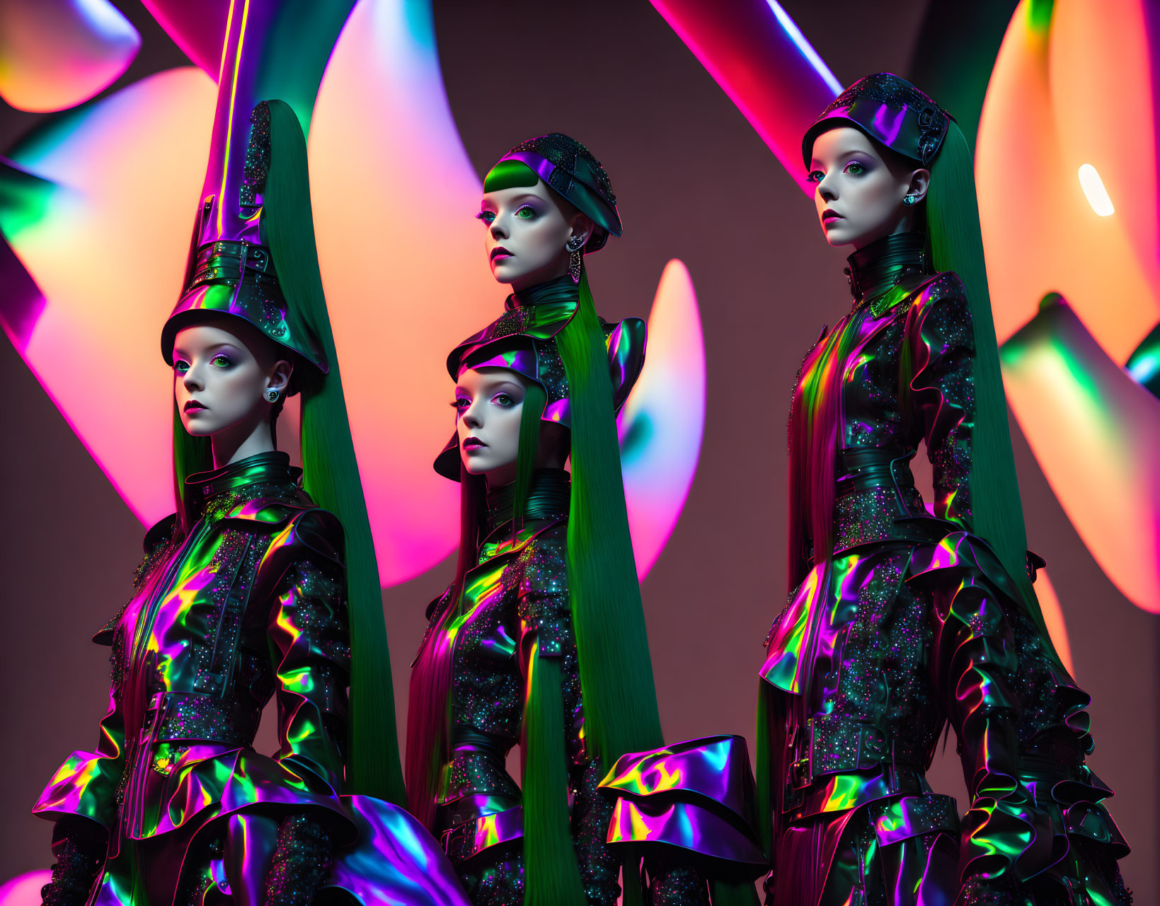 Futuristic green and black mannequins with tall hats in colorful light setting