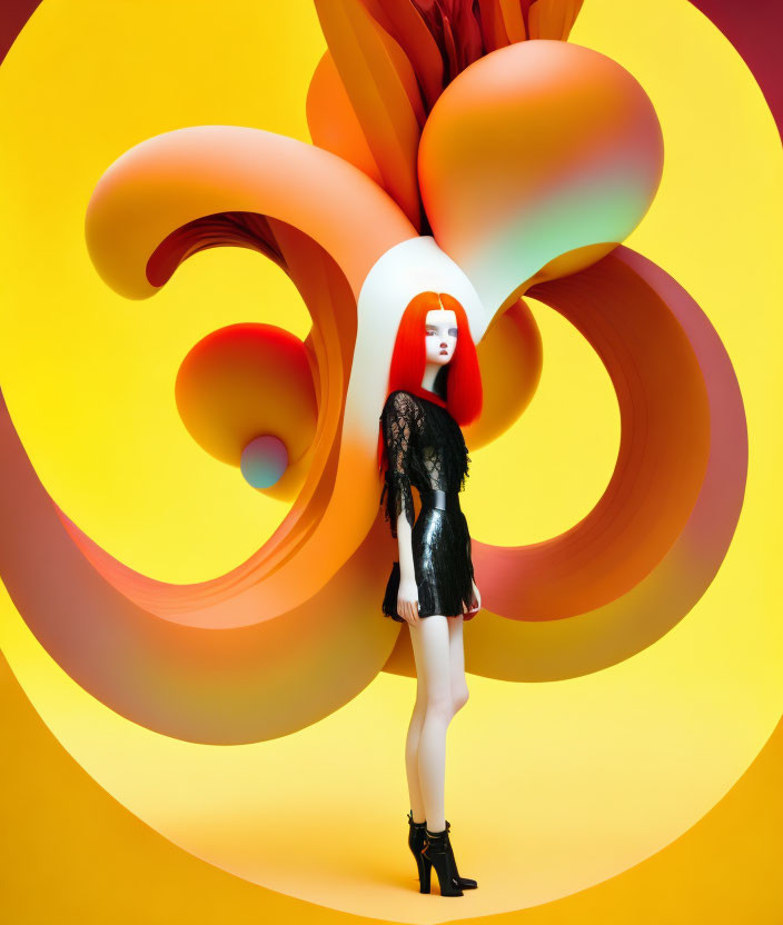 Vibrant red-haired woman in black dress against colorful abstract backdrop