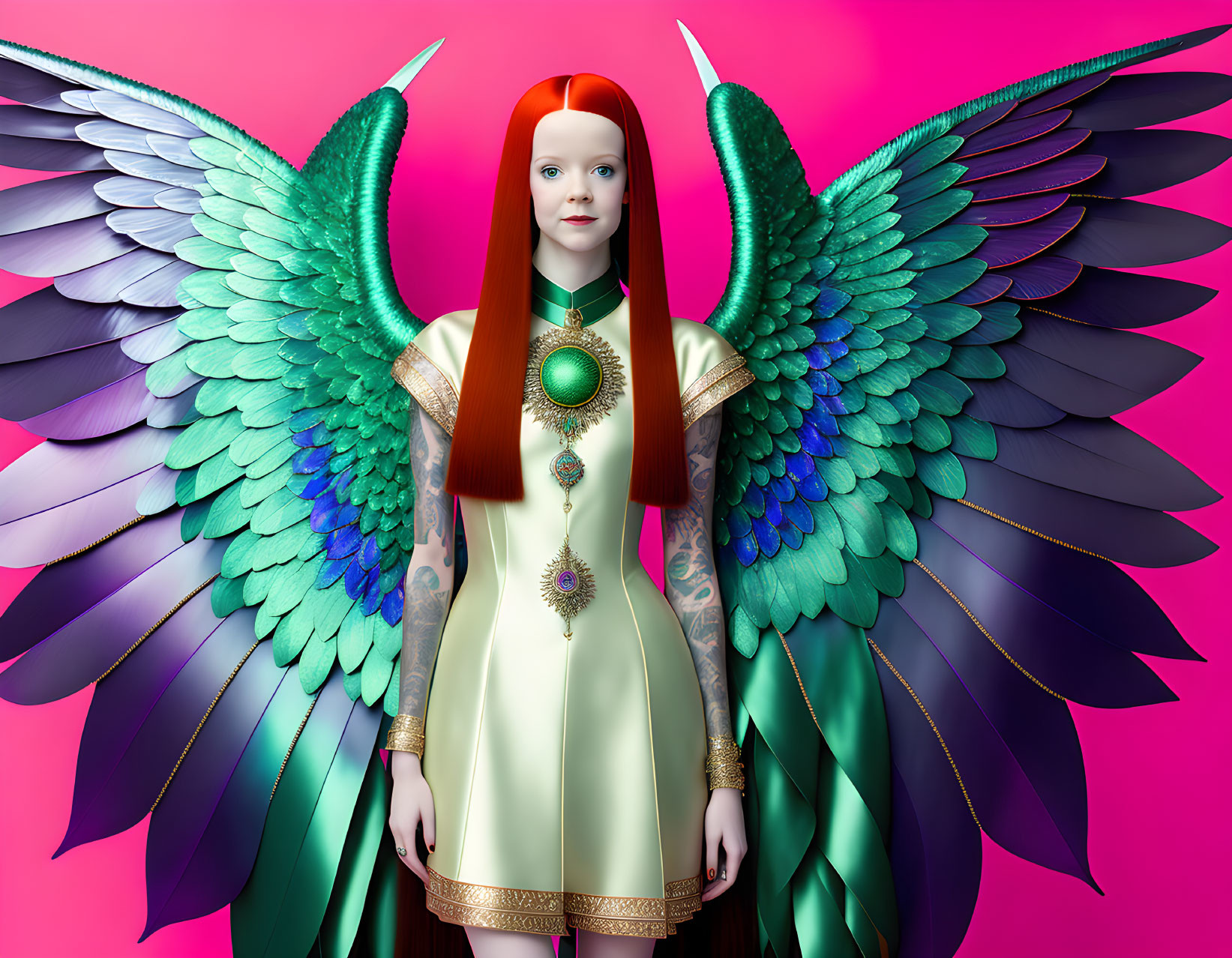 Vibrant female figure with blue and green wings and red hair on pink background