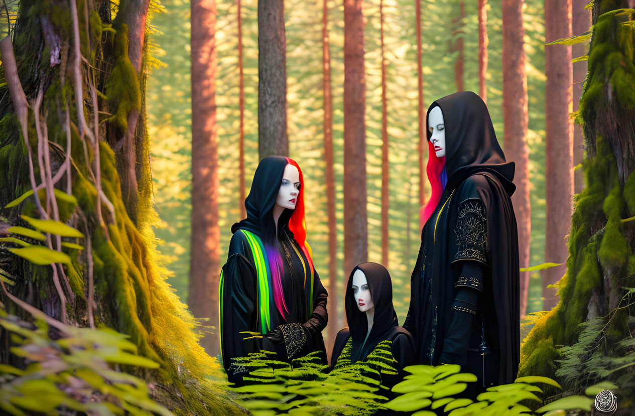 Three individuals in dark robes with vibrant accents in lush forest