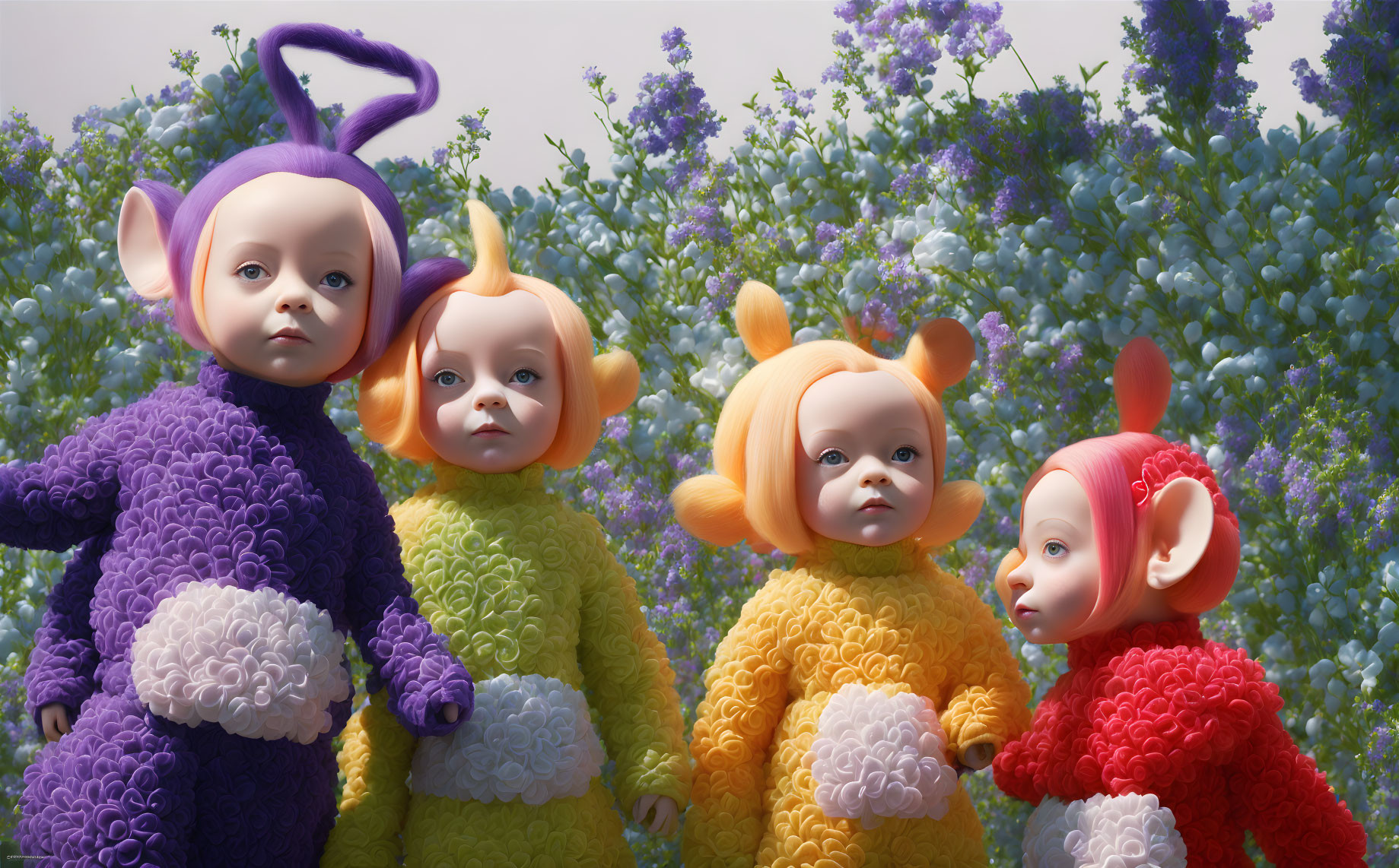 Colorful Characters with Pointed Ears in Flower Field