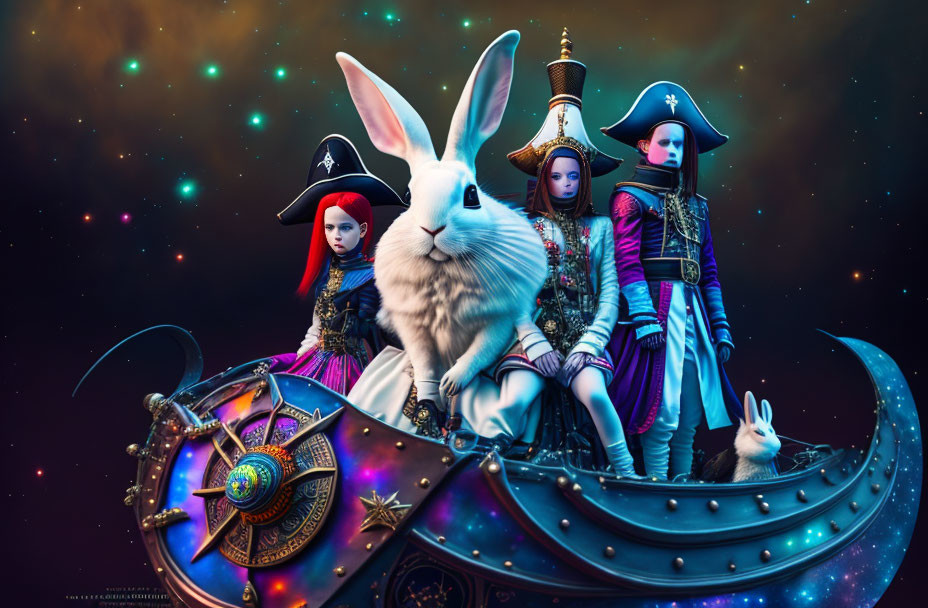 Fantasy pirate-themed illustration with white rabbit, female pirates, moon boat, stars