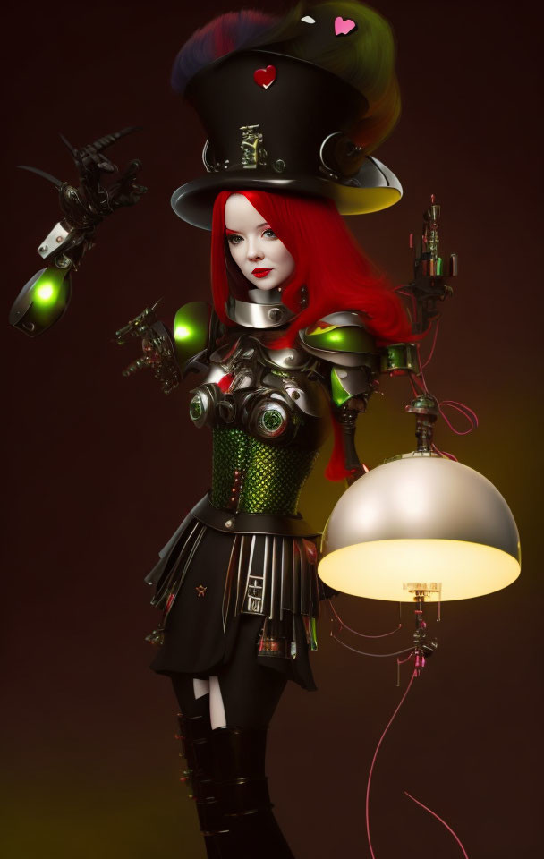 Futuristic Queen of Hearts with Red Hair in Armored Dress & Top Hat